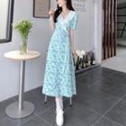 Elbow-sleeve Ruffled Floral Midi A-line Dress