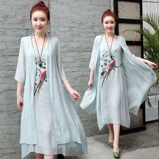 Set: Embroidered Midi Tank Dress + Long Linen Jacket