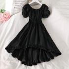 Plain Puff-sleeve Midi A-line Dress Black - One Size