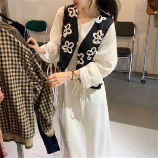 Floral Vest / Long-sleeve Drawstring Loose Fit Dress