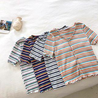 Color-block Striped V-neck Roll-up Knit Top