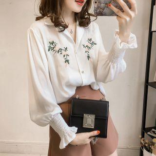 Ruffle-sleeve Floral Embroidered Shirt
