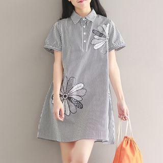 Floral Print Striped Short-sleeve Shirt Dress