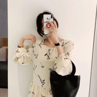 Round-neck Pattern Long Dress Beige - One Size