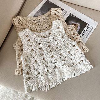 Round Neck Perforated Cropped Tank Top