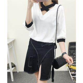 Set: Crisscross Front Chiffon Blouse + Tie Side A-line Skirt