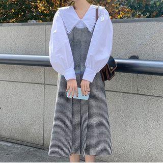 Balloon-sleeve Plain Blouse / Houndstooth Overall Dress