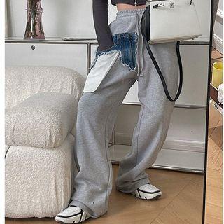 Denim Panel Wide Leg Pants