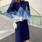 Set: Argyle Sweater + Straight-fit Skirt Set - Blue - One Size
