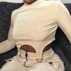 Long-sleeve D-ring Mock-neck Crop Top