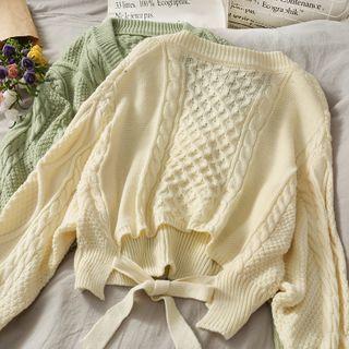 Ribbon-back Cable-knit V-neck Sweater