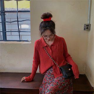 Collared Cardigan / Midi Floral A-line Skirt