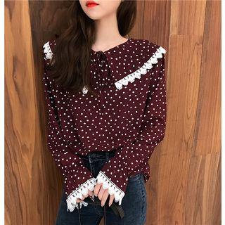 Lace Trim Dotted Print Blouse