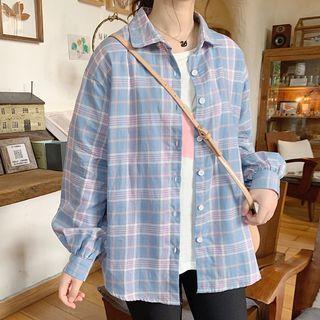 Long-sleeve Plaid Shirt / Elbow-sleeve Peach Print T-shirt