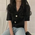 V-neck Elbow-sleeve Blouse Black - One Size