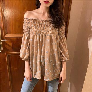 Puff-sleeve Floral Print Shirred Blouse