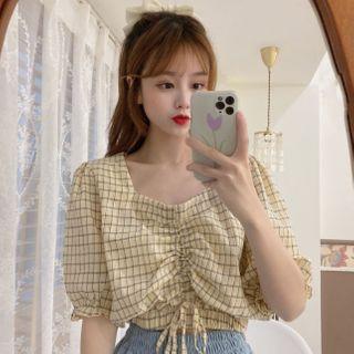 Drawstring Square-neck Plaid Shirt