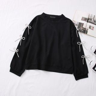 Ribbon Cutout-sleeve Plain Sweatshirt Black - One Size