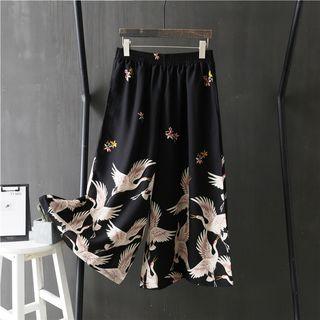 Crane Print Chiffon Wide Leg Pants Black - One Size