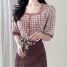 Square-neck Houndstooth Knit Top