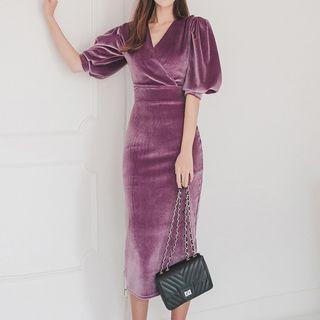 Short-sleeve Midi Velvet Sheath Dress