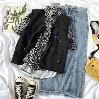 Elbow-sleeve Leopard Print Shirt / Cargo Vest / Wide-leg Jeans