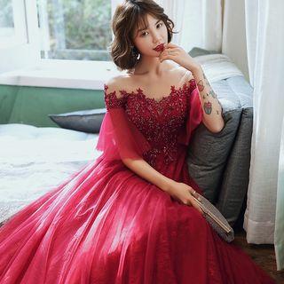 Off-shoulder Embroidered Sequined A-line Evening Gown