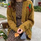 Button Cardigan / Long-sleeve Midi Floral A-line Dress