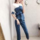 Set: Elbow-sleeve Asymmetric Top + Cropped Pants