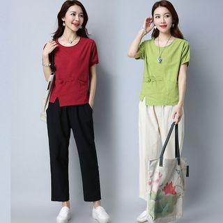 Set: Asymmetric Short-sleeve Blouse + Tapered Pants