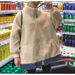 Denim Panel Zip Oversized Fleece Jacket