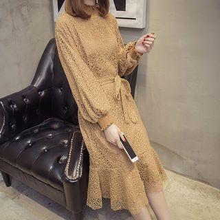 Mock-neck Ruffle Hem Long-sleeve Midi Dress