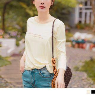 Long-sleeve Letter Print Knotted Cotton T-shirt