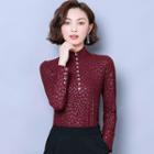 Long-sleeve Patterned Buttoned Placket Top