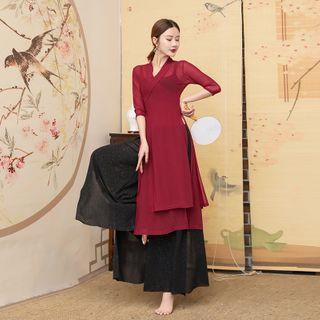 Elbow-sleeve Slit Mesh Dance Top / Wide-leg Pants