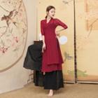 Elbow-sleeve Slit Mesh Dance Top / Wide-leg Pants