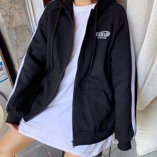 Hooded Oversize Contrast-trim Printed Sweatshirt Jacket