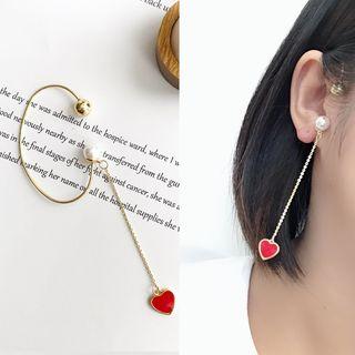Faux Pearl Heart Dangle Earring 1 Pc - Red Heart - Gold - One Size
