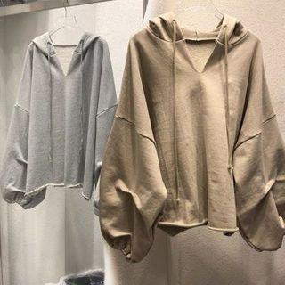 Puff-sleeve Plain Hoodie