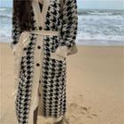 Houndstooth Long Cardigan With Sash With Sash - Houndstooth - Black & White - One Size