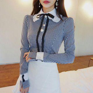 Bow-accent Beaded Striped Blouse