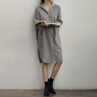 Long-sleeve Striped Shirt Dress Stripes - Gray & White - One Size