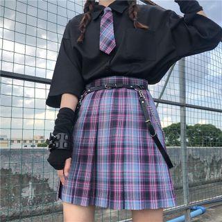 Plain Shirt / Necktie / Plaid Pleated Mini A-line Skirt / Set