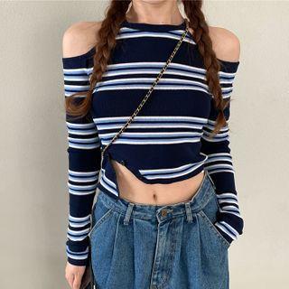 Striped Cold Shoulder Top As Shown In Figure - One Size