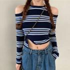 Striped Cold Shoulder Top As Shown In Figure - One Size