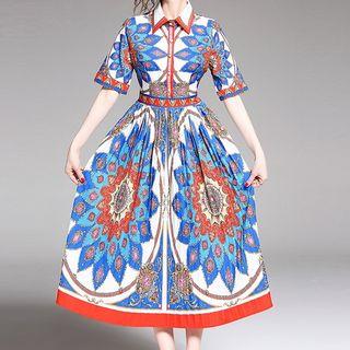 Elbow-sleeve Print Maxi A-line Shirt Dress