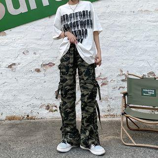 Camo Print Buckled Wide Leg Pants