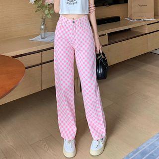High Waist Plaid Loose Fit Jeans
