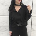 Ring-accent Chocker Loose-fit Long Sleeve Chiffon Top