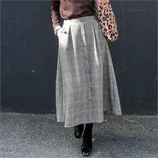 Button-front Glen-plaid Skirt